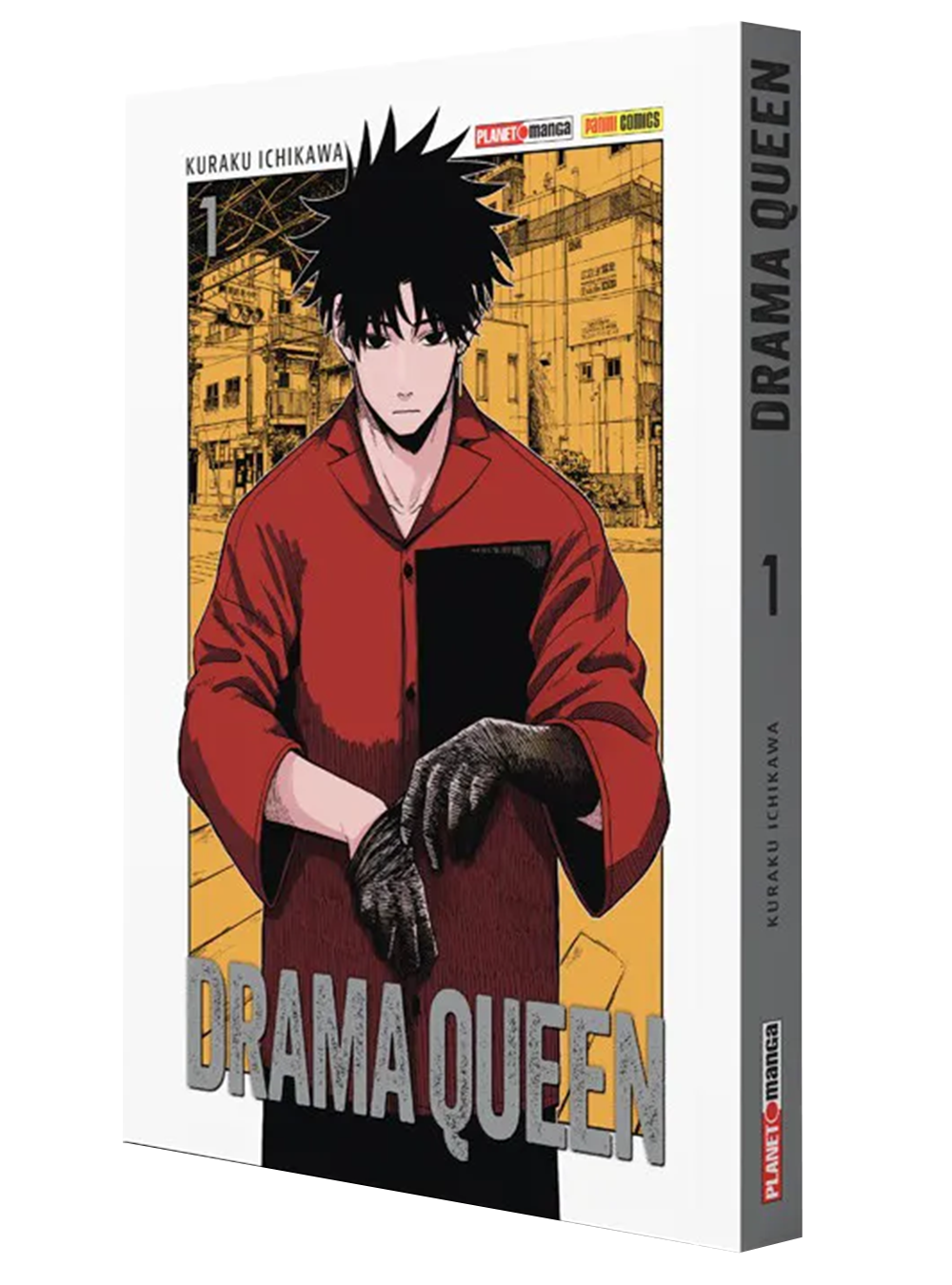 Vista tridimensionale della copertina e della costa del manga Drama Queen volume 1 Instant Variant. Al centro dell'illustrazione, incorniciato da un background urbano color ocra, spicca un ragazzo con folti capelli neri spettinati e una camicia rossa, mentre indossa dei guanti neri. In basso campeggia il titolo Drama Queen in grandi lettere grigie.