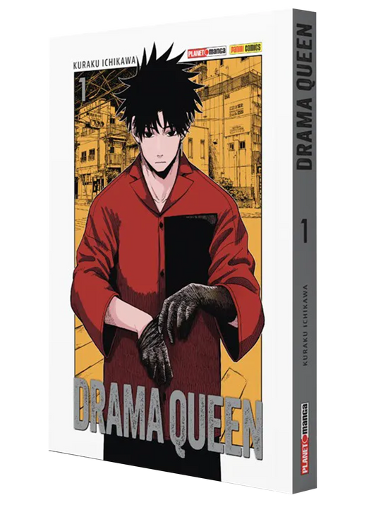 Vista tridimensionale della copertina e della costa del manga Drama Queen volume 1 Instant Variant. Al centro dell'illustrazione, incorniciato da un background urbano color ocra, spicca un ragazzo con folti capelli neri spettinati e una camicia rossa, mentre indossa dei guanti neri. In basso campeggia il titolo Drama Queen in grandi lettere grigie.