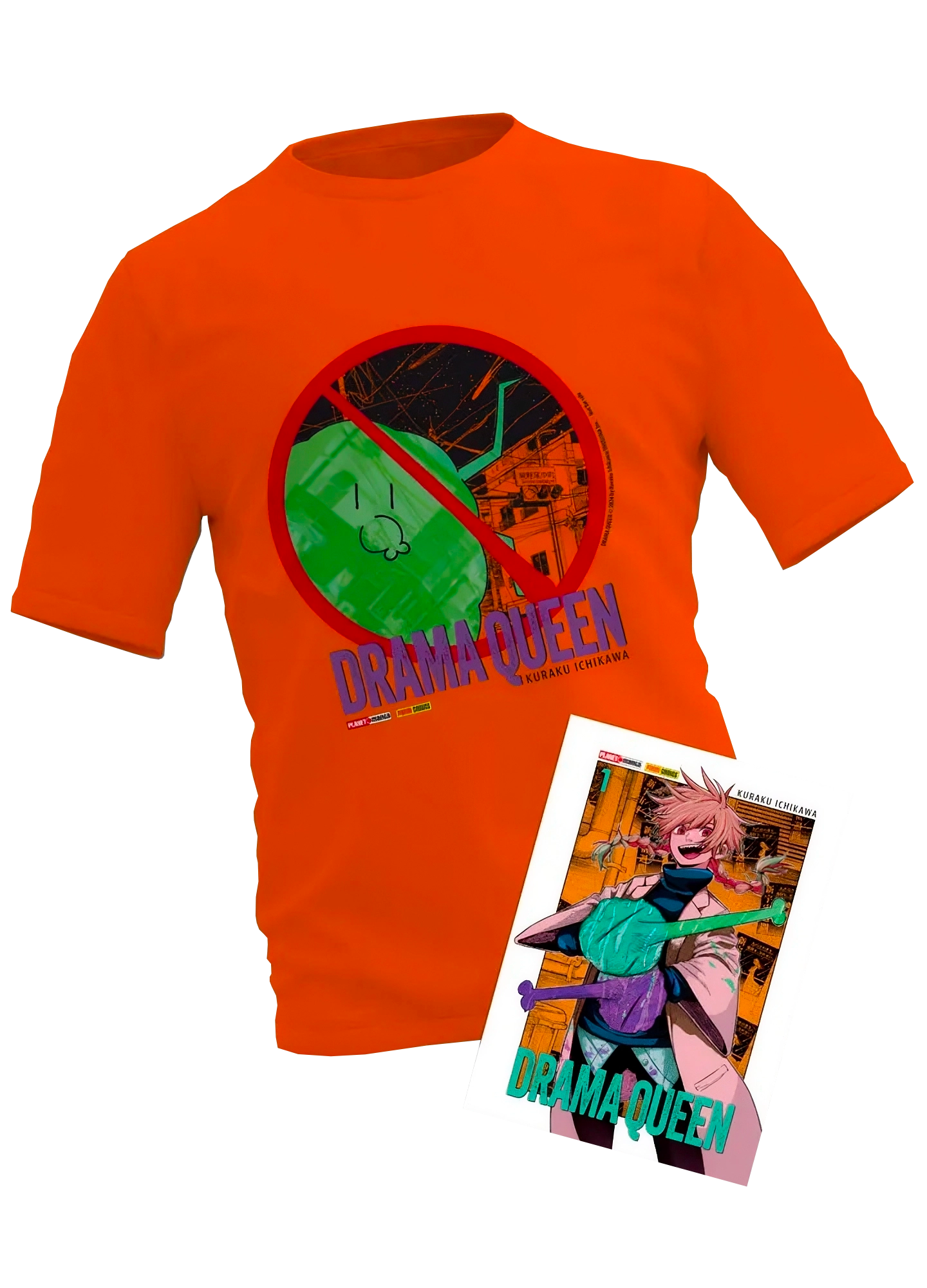 Immagine promozionale del prodotto Drama Queen Volume 1 Edizione Bundle Variant. Al centro campeggia una t-shirt a maniche corte arancione acceso con stampato un simbolo di divieto rosso sopra un alieno verde e il titolo del manga. In basso a destra è appoggiato il volume 1 del fumetto con una copertina variant che mostra un personaggio dai capelli rosa che ride.