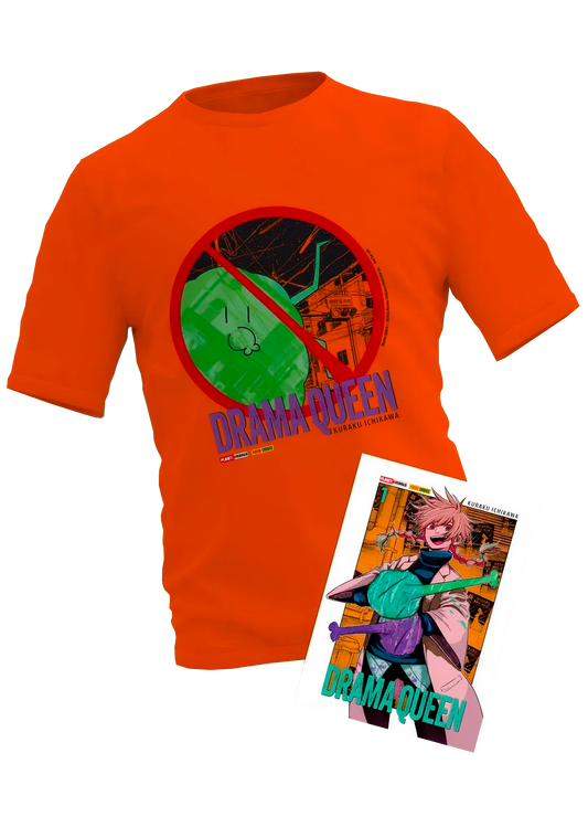 Immagine promozionale del prodotto Drama Queen Volume 1 Edizione Bundle Variant. Al centro campeggia una t-shirt a maniche corte arancione acceso con stampato un simbolo di divieto rosso sopra un alieno verde e il titolo del manga. In basso a destra è appoggiato il volume 1 del fumetto con una copertina variant che mostra un personaggio dai capelli rosa che ride.