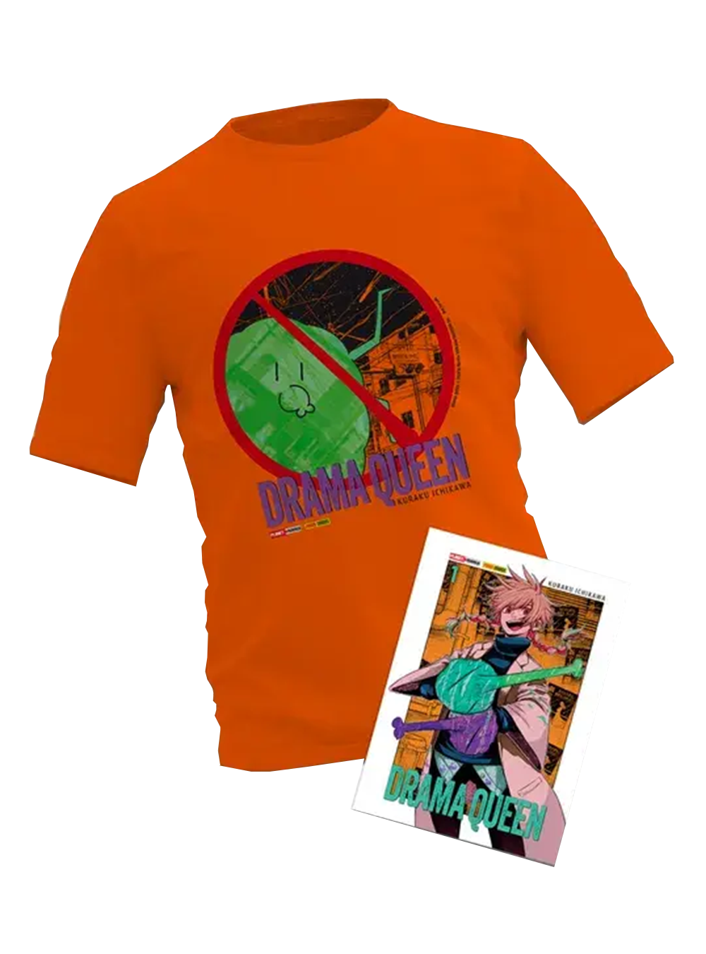 Immagine promozionale del prodotto Drama Queen Volume 1 Edizione Bundle Variant. Al centro campeggia una t-shirt a maniche corte arancione acceso con stampato un simbolo di divieto rosso sopra un alieno verde e il titolo del manga. In basso a destra è appoggiato il volume 1 del fumetto con una copertina variant che mostra un personaggio dai capelli rosa che ride.