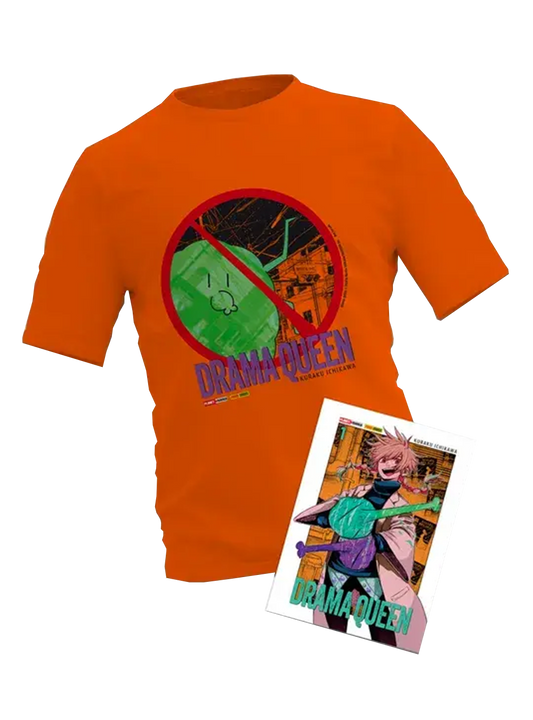 Immagine promozionale del prodotto Drama Queen Volume 1 Edizione Bundle Variant. Al centro campeggia una t-shirt a maniche corte arancione acceso con stampato un simbolo di divieto rosso sopra un alieno verde e il titolo del manga. In basso a destra è appoggiato il volume 1 del fumetto con una copertina variant che mostra un personaggio dai capelli rosa che ride.
