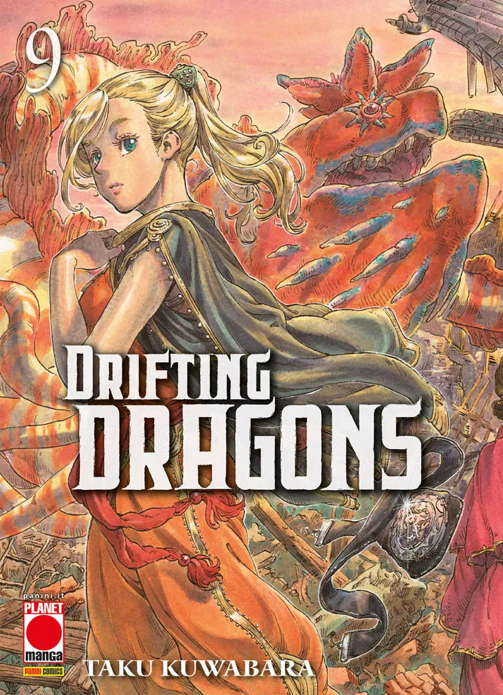 Copertina del nono volume del manga 'Drifting Dragons' di Taku Kuwabara, edito da Planet Manga. L'illustrazione ritrae una ragazza bionda di profilo con uno sfondo dettagliato raffigurante un drago maestoso e vascelli volanti, sormontata dal numero 9 e dal titolo.