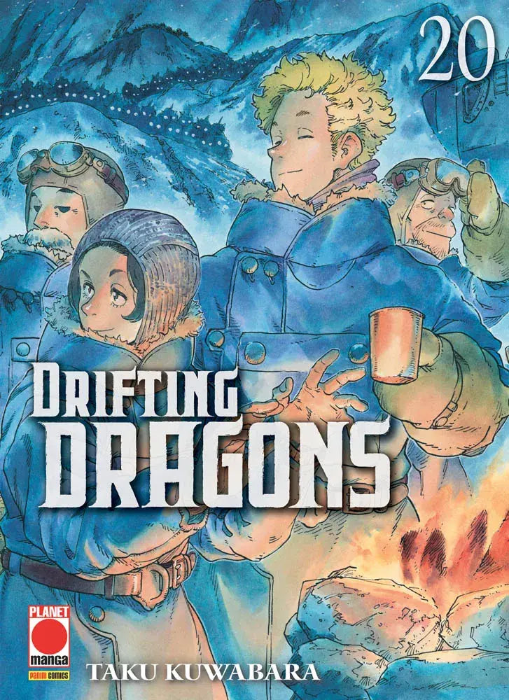 Copertina del manga Drifting Dragons volume 20. Diversi personaggi con pesanti abiti invernali si scaldano davanti a un fuoco sotto un cielo notturno innevato.