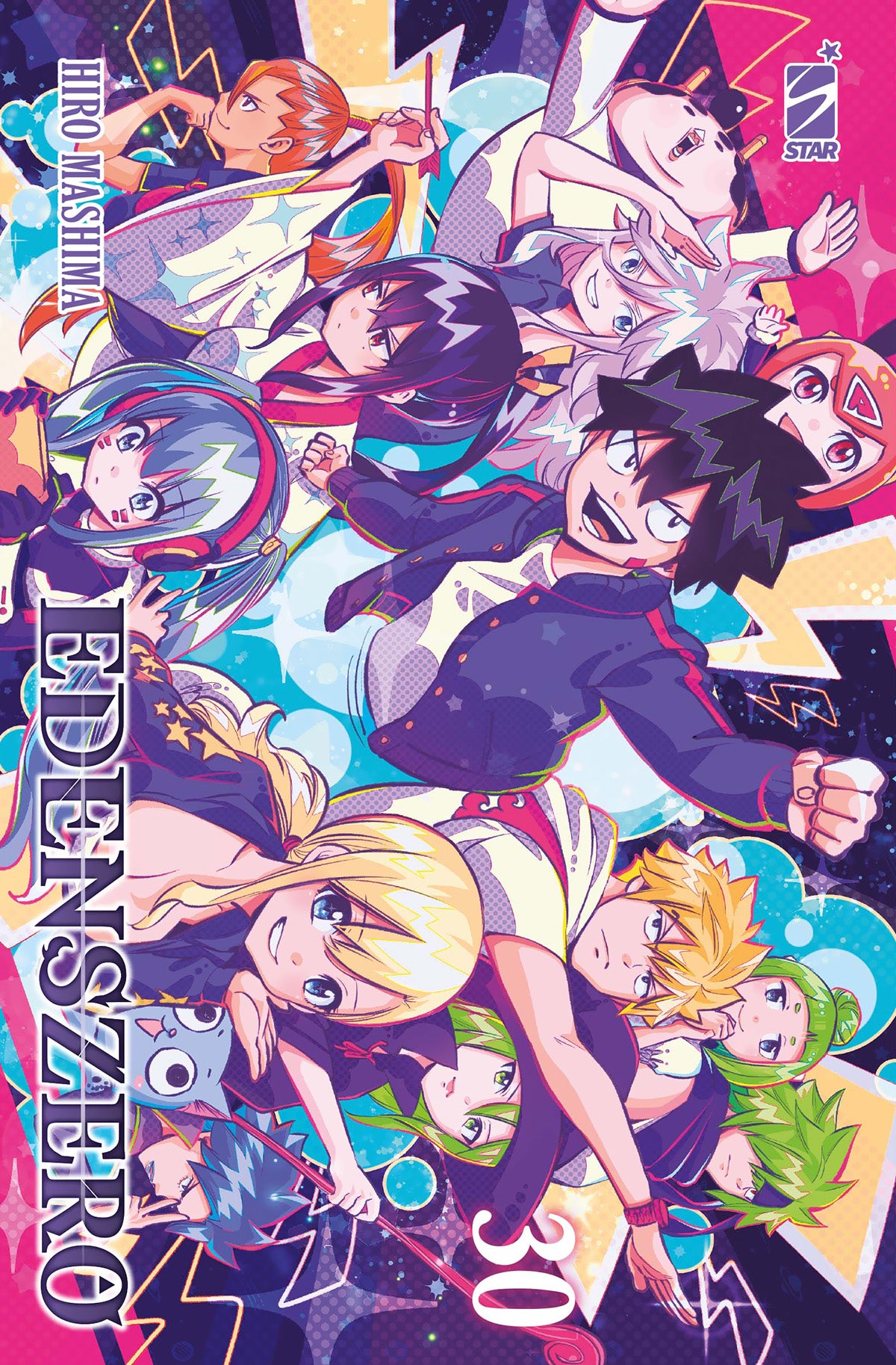 Shiki Granbell in primo piano con un'espressione determinata e combattiva, affiancato dai suoi compagni (come Rebecca o Weisz), pronti a esplorare il nuovo cosmo sulla copertina di Edens Zero Vol. 30.
