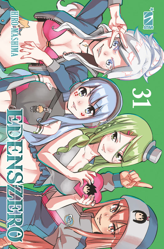 Copertina del manga Edens Zero Vol. 31 su sfondo verde; sono ritratte quattro protagoniste femminili: Sister (capelli bianchi), Hermit (capelli azzurri con cuffie), Witch (capelli verdi) e Homura (in basso), tutte sorridenti.