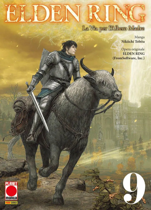 Copertina del manga Elden Ring: La Via per l'Albero Madre Vol. 9; il protagonista Lucenzo indossa un'armatura da cavaliere argentata con scudo e spada sguainata, mentre cavalca il destriero cornuto grigio Torrente. Lo sfondo mostra i paesaggi nebbiosi e dorati dell'Interregno con rovine in lontananza.