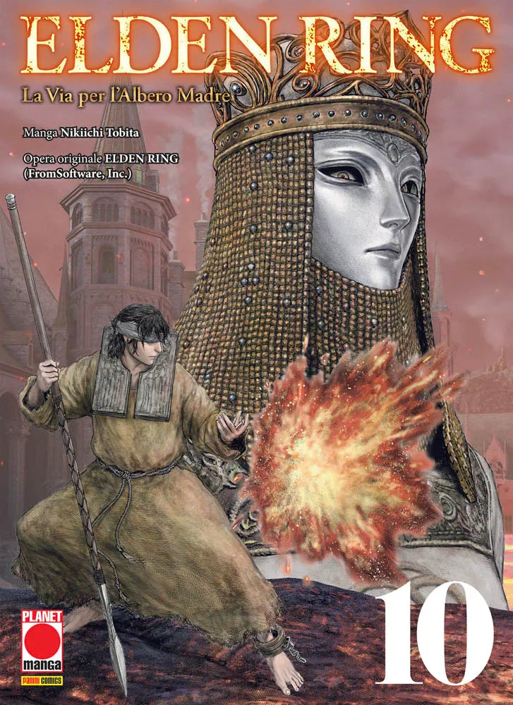 Copertina del decimo volume del manga Elden Ring: La Via per l'Albero Madre. In primo piano, il Senzaluce Lucenzo, scalzo, con una benda logora sugli occhi e una povera tunica, impugna una lunga lancia mentre con l'altra mano genera una violenta e luminosa esplosione di fuoco. Alle sue spalle, sotto un cielo rossastro e saturo di cenere, si erge la struttura di Villa Vulcano, dominata dall'imponente e inquietante volto di metallo pallido di una Vergine Rapitrice, avvolto in un elaborato copricapo simile a u