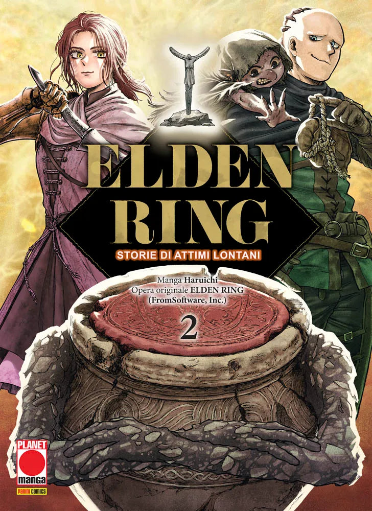 Copertina del secondo volume del manga Elden Ring: Storie Di Attimi Lontani. In primo piano in basso spicca il grande vaso guerriero Alexander con le braccia incrociate e il numero 2 stampato sul sigillo rosso superiore. Nella parte alta, ai lati del titolo dorato dell'opera, sono raffigurati la guerriera Millicent sulla sinistra con i capelli rossi e l'astuto Patches sulla destra con una piccola creatura goblinide aggrappata alle spalle. In basso a sinistra compare il logo di Planet Manga.