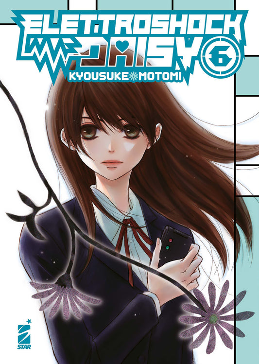 Tasuku Kurosaki, con la sua tipica espressione protettiva e un po' accigliata, tiene una mano sulla testa o sulla spalla di Teru Kurebayashi, sulla copertina di Elettroshock Daisy Vol. 6.