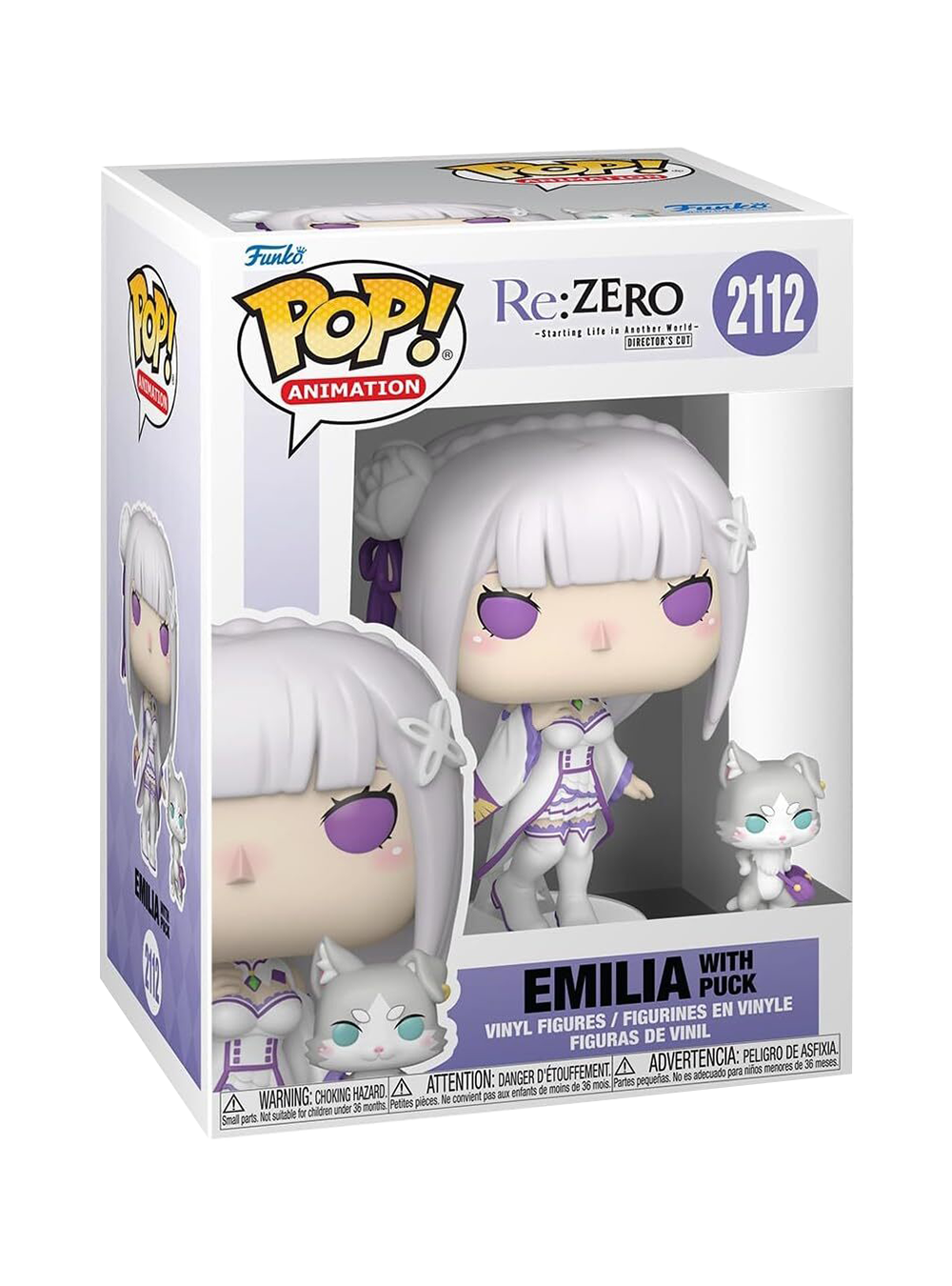 Funko POP! Animation numero 2112 di Emilia (Re:Zero) con il suo abito bianco e viola, accompagnata dalla piccola figure del gatto spirito Puck al suo fianco.