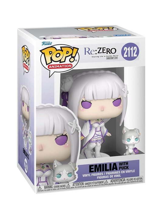 Funko POP! Animation numero 2112 di Emilia (Re:Zero) con il suo abito bianco e viola, accompagnata dalla piccola figure del gatto spirito Puck al suo fianco.
