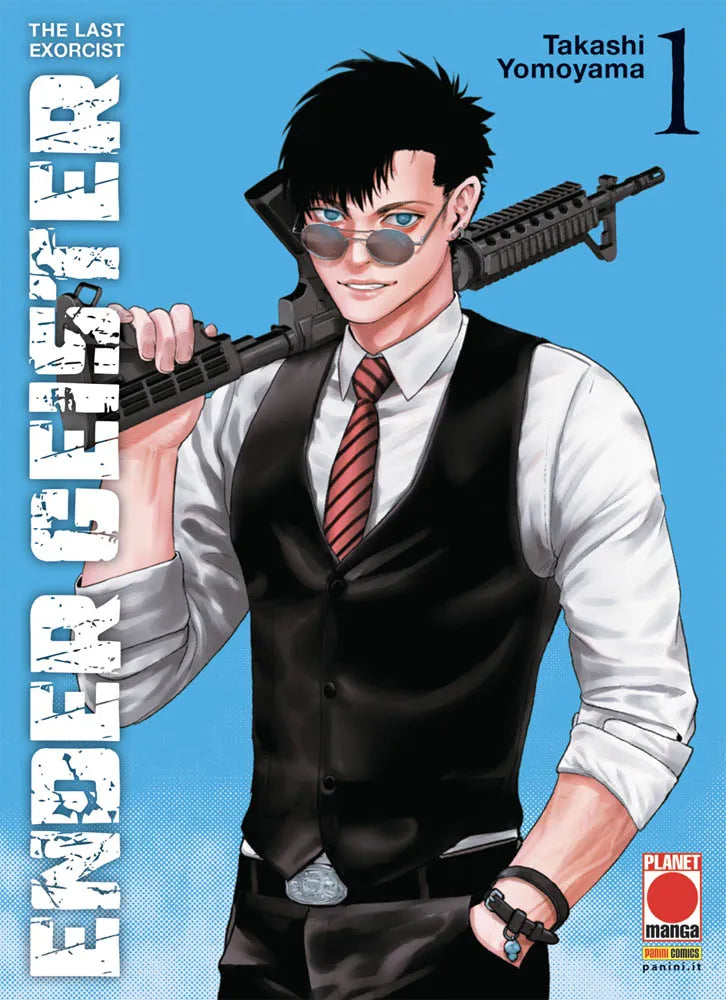 Copertina di Ender Geister - The Last Exorcist Vol. 1 (Panini Planet Manga). Michael, un giovane con capelli neri e occhiali da sole tondi, indossa un gilet nero e cravatta a righe mentre tiene un fucile d'assalto sulla spalla.