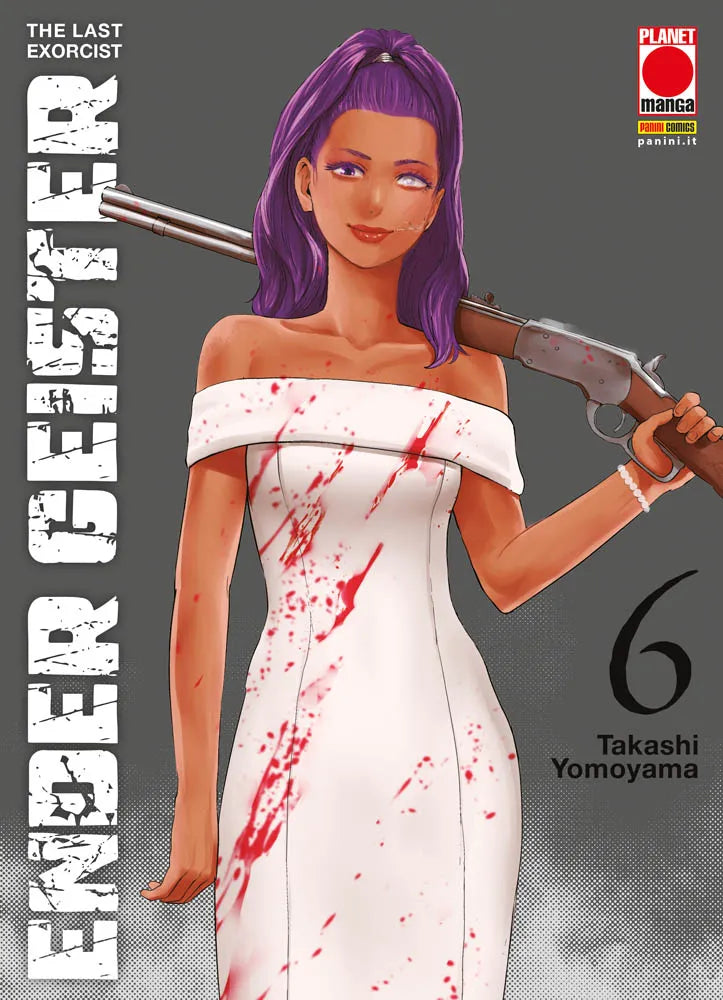Copertina di Ender Geister - The Last Exorcist Vol. 6 (Panini Planet Manga). Una donna con lunghi capelli viola e un vestito bianco sporco di sangue imbraccia un fucile a canna lunga poggiato sulla spalla.
