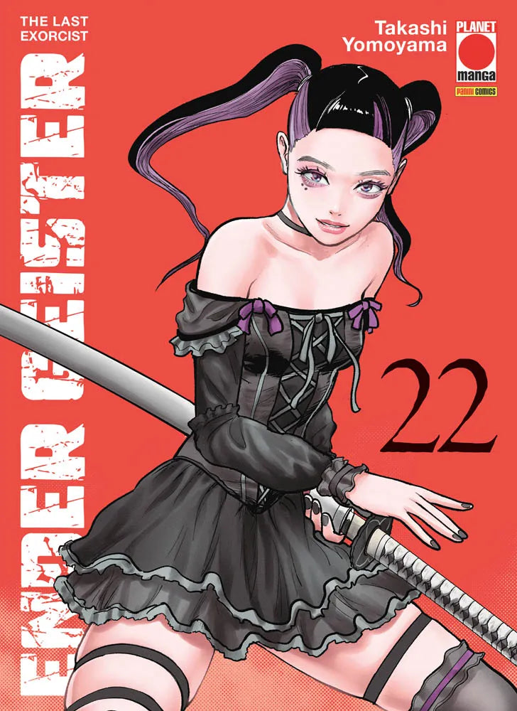Copertina del ventiduesimo volume del manga 'Ender Geister - The Last Exorcist' di Takashi Yomoyama, edito da Panini Planet Manga. L'illustrazione su brillante sfondo rosso ritrae una giovane donna dallo stile gothic lolita con codini viola e neri, fasciata in un vestito nero con merletti mentre impugna con determinazione una katana, con il titolo 'ENDER GEISTER' in verticale a sinistra e il numero 22 sulla destra.