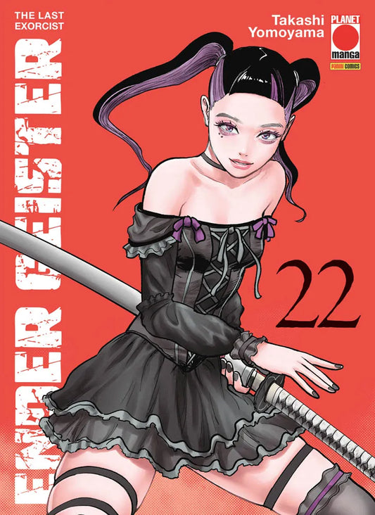 Copertina del ventiduesimo volume del manga 'Ender Geister - The Last Exorcist' di Takashi Yomoyama, edito da Panini Planet Manga. L'illustrazione su brillante sfondo rosso ritrae una giovane donna dallo stile gothic lolita con codini viola e neri, fasciata in un vestito nero con merletti mentre impugna con determinazione una katana, con il titolo 'ENDER GEISTER' in verticale a sinistra e il numero 22 sulla destra.