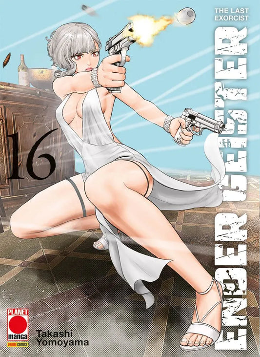 Akina Hiiragi, protagonista di Ender Geister Vol. 16, in un abito da sera bianco strappato, spara con due pistole semiautomatiche mentre è accovacciata, con le fiamme dello sparo visibili dalle canne.