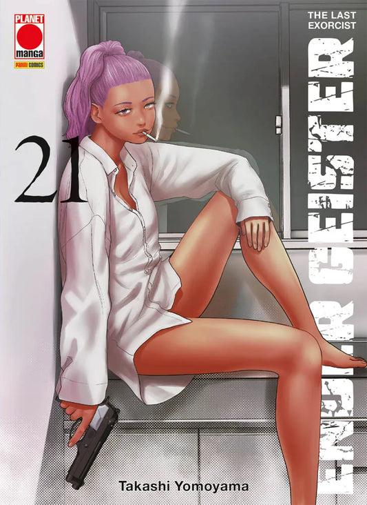Copertina del ventunesimo volume in italiano del manga 'Ender Geister - The Last Exorcist' di Takashi Yomoyama, edito da Panini Planet Manga. L'illustrazione mostra una ragazza dalla pelle ambrata con capelli rosa raccolti in una coda, vestita con una camicia bianca mentre fuma una sigaretta e impugna una pistola.