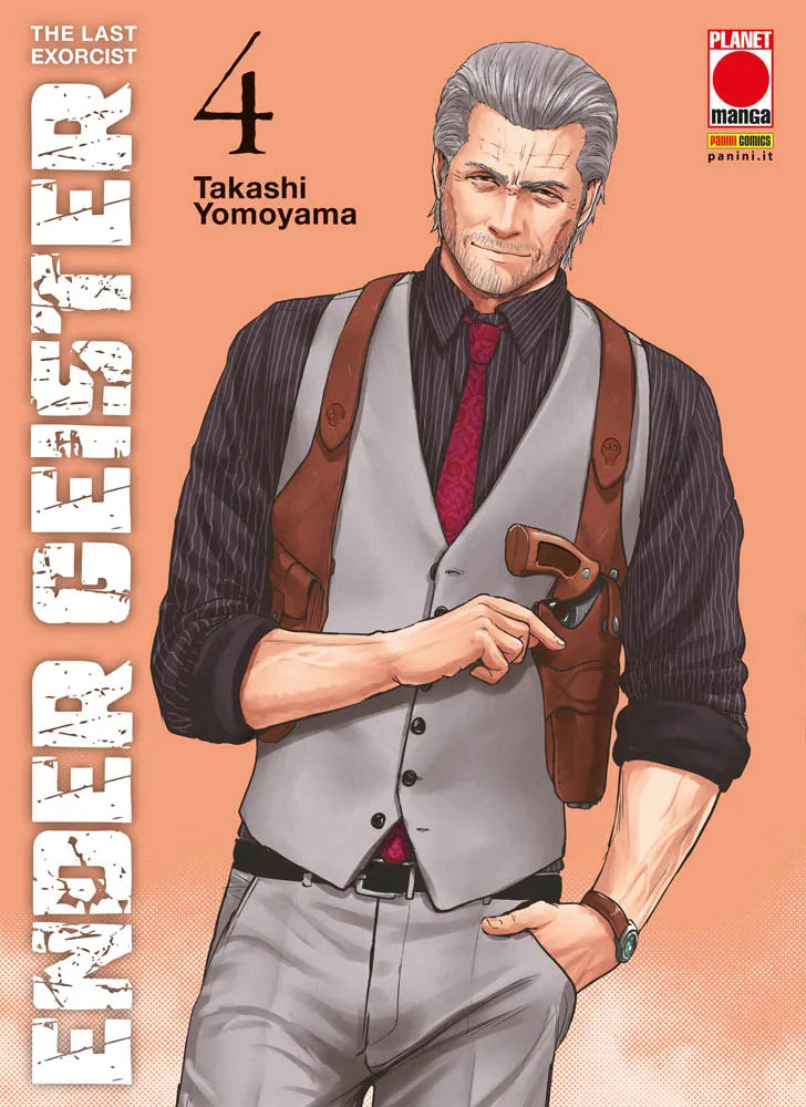 Copertina del manga Ender Geister Vol. 4 (Planet Manga). Un uomo maturo con capelli grigi, gilet e fondina con pistola sorride fiero su sfondo arancione.