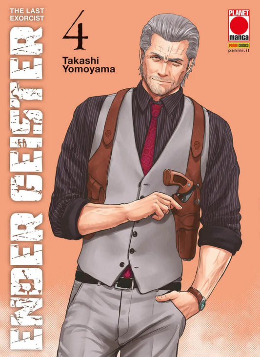 Copertina del manga Ender Geister Vol. 4 (Planet Manga). Un uomo maturo con capelli grigi, gilet e fondina con pistola sorride fiero su sfondo arancione.