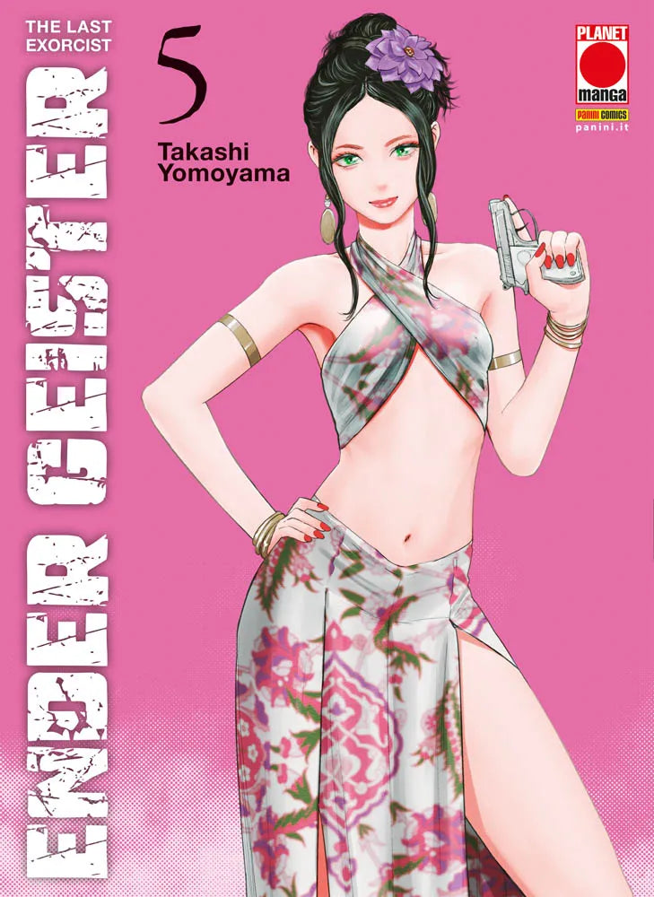 Copertina del manga "Ender Geister - The Last Exorcist" Vol. 5 (Planet Manga). Una donna elegante con capelli scuri e una pistola in mano su sfondo rosa brillante.