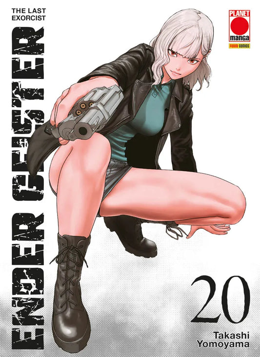 Copertina del manga Ender Geister volume 20. Una ragazza dai corti capelli bianchi e occhi rossi, vestita con una giacca di pelle nera, top verde acqua, pantaloncini corti e anfibi neri, è accovacciata in posa dinamica mentre punta un grosso revolver direttamente verso l'osservatore. Lo sfondo è bianco, decorato con un leggero pattern a retino grigio.