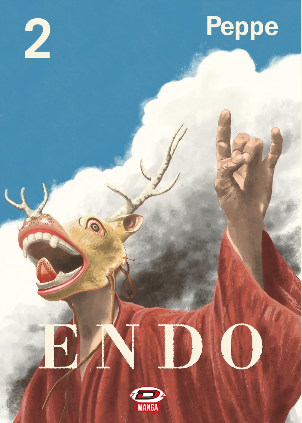 Copertina del manga Endo volume 2 in edizione Variant edito da Dynit; l'illustrazione mostra un personaggio che indossa una maschera tradizionale cornuta (simile a un cervo) e una veste rossa, con la mano alzata in un gesto simbolico sullo sfondo di un cielo azzurro e nuvoloso.