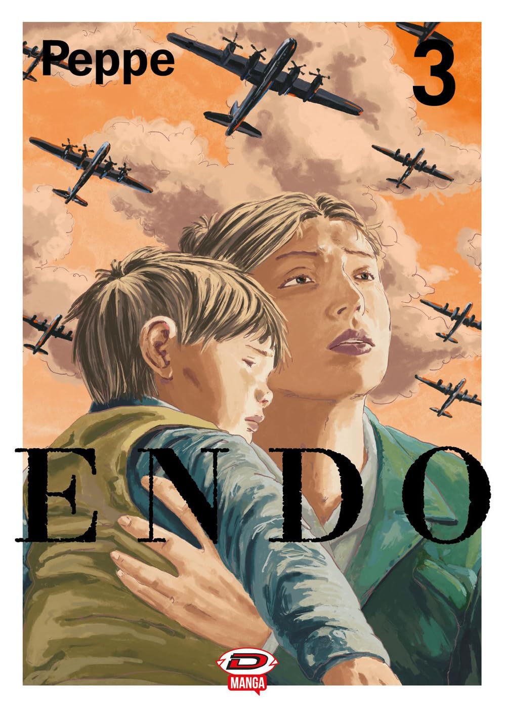 Copertina del manga Endo volume 3. Una donna abbraccia un bambino guardando verso un cielo color ocra attraversato da numerosi aerei da combattimento.