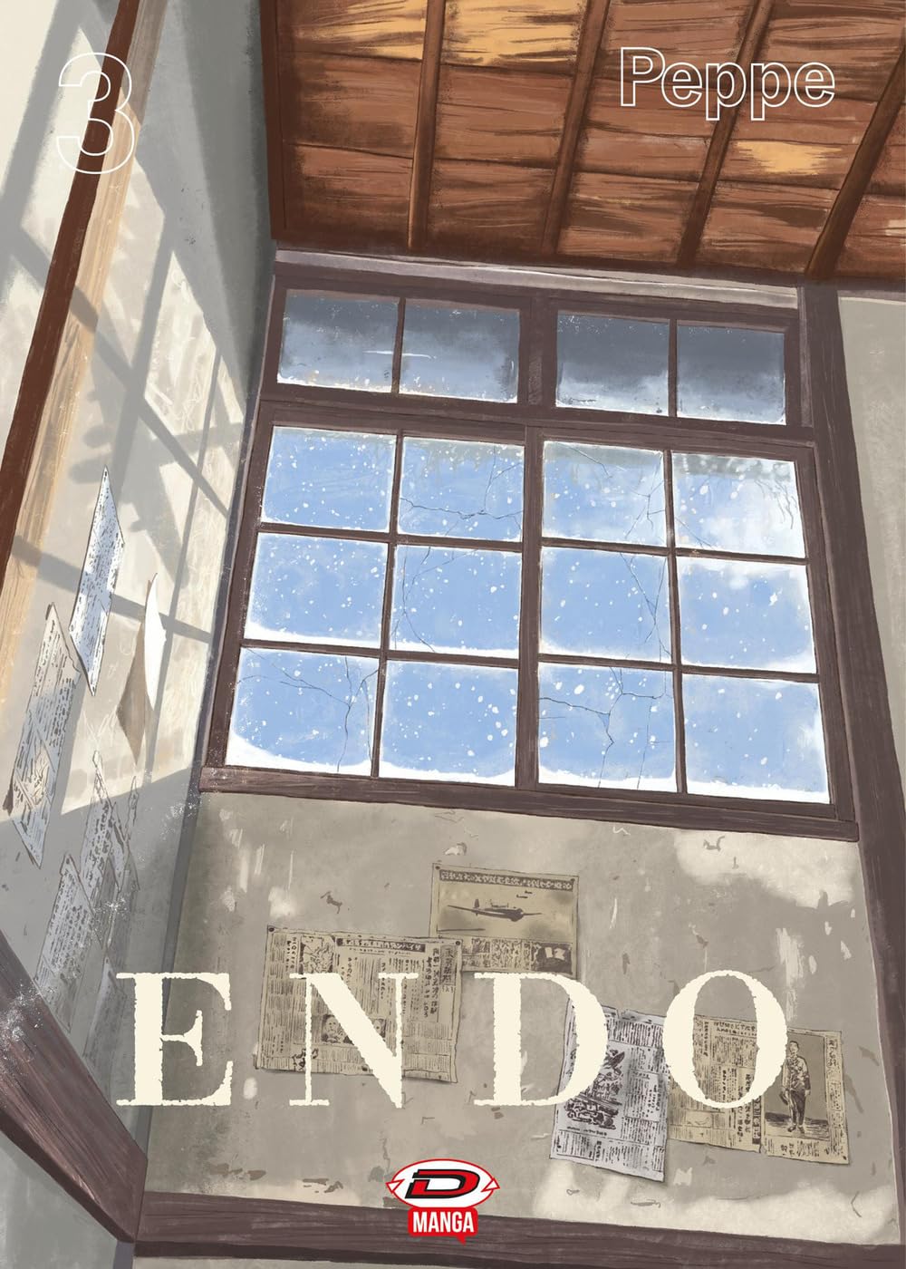 Copertina del manga Endo volume 3 in edizione variant. Si vede una finestra di legno inquadrata dal basso, con alcuni ritagli di giornale d'epoca e poster affissi sul muro scrostato.