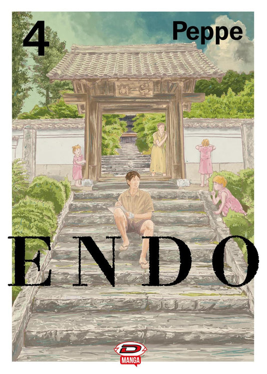 Copertina del quarto volume del manga Endo di Peppe. L'illustrazione mostra un uomo seduto sui gradini di una scalinata di pietra che conduce a un tradizionale portale in legno giapponese, circondato da altre figure umane che si muovono nei dintorni.