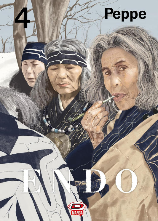 Copertina in versione Variant del quarto volume del manga Endo di Peppe, che mostra l'illustrazione ravvicinata di tre figure anziane con lunghi capelli grigi e fasce scure decorate sulla fronte, inserite in un'ambientazione boscosa e invernale.