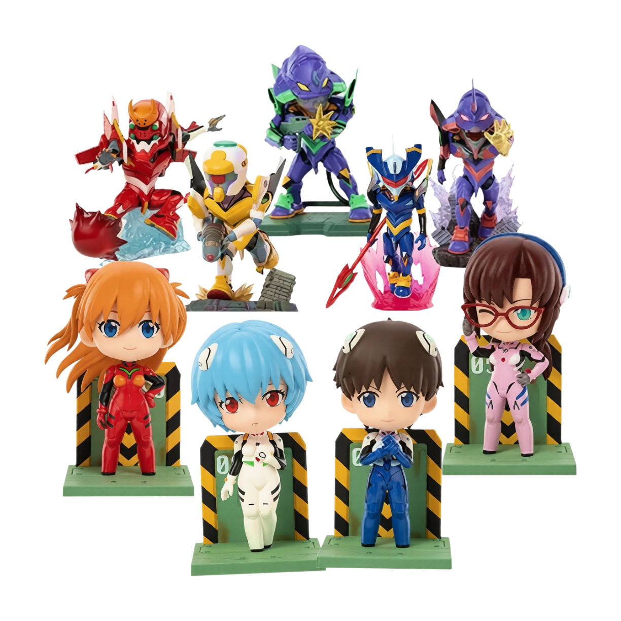 Panoramica della serie di blind box da collezione Evangelion Series Figures Vol. 1 prodotta da Funism. L'immagine mostra in basso le figure chibi dei piloti Rei Ayanami, Shinji Ikari, Asuka Langley e Mari Makinami su basi NERV, mentre in alto figurano le Unità mecha EVA (EVA-01, Mark.06, EVA-01 Risvegliato Secret, EVA-02 ed EVA-00) posizionate su basi scenografiche con container ed effetti speciali.