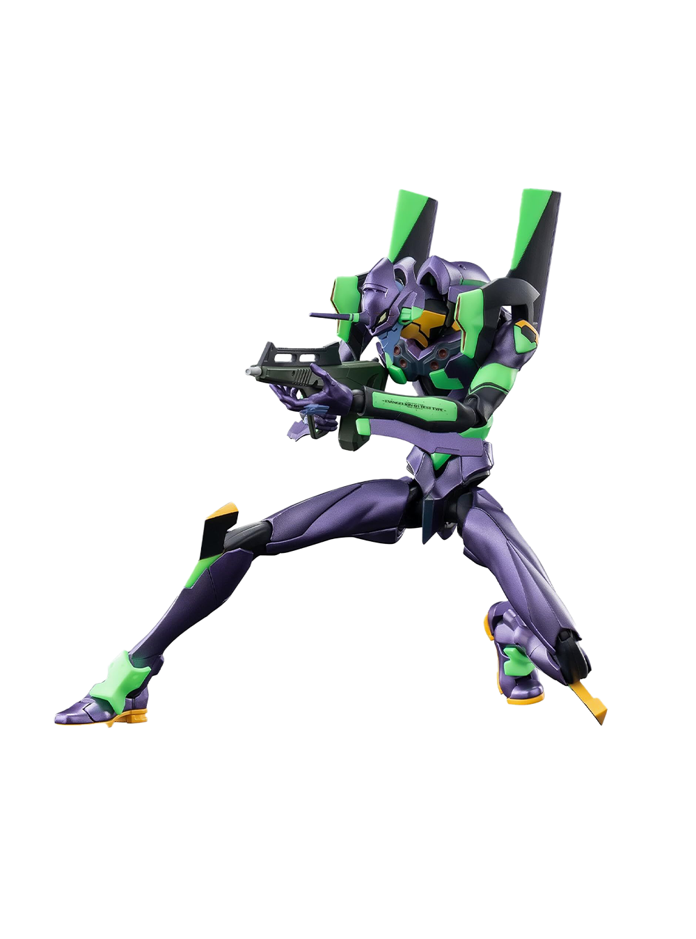 Model kit assemblato dell'Evangelion Unità-01 in una posa d'azione estremamente dinamica, piegato sulle ginocchia mentre impugna saldamente il fucile d'assalto (Pallet Rifle) pronto a fare fuoco.