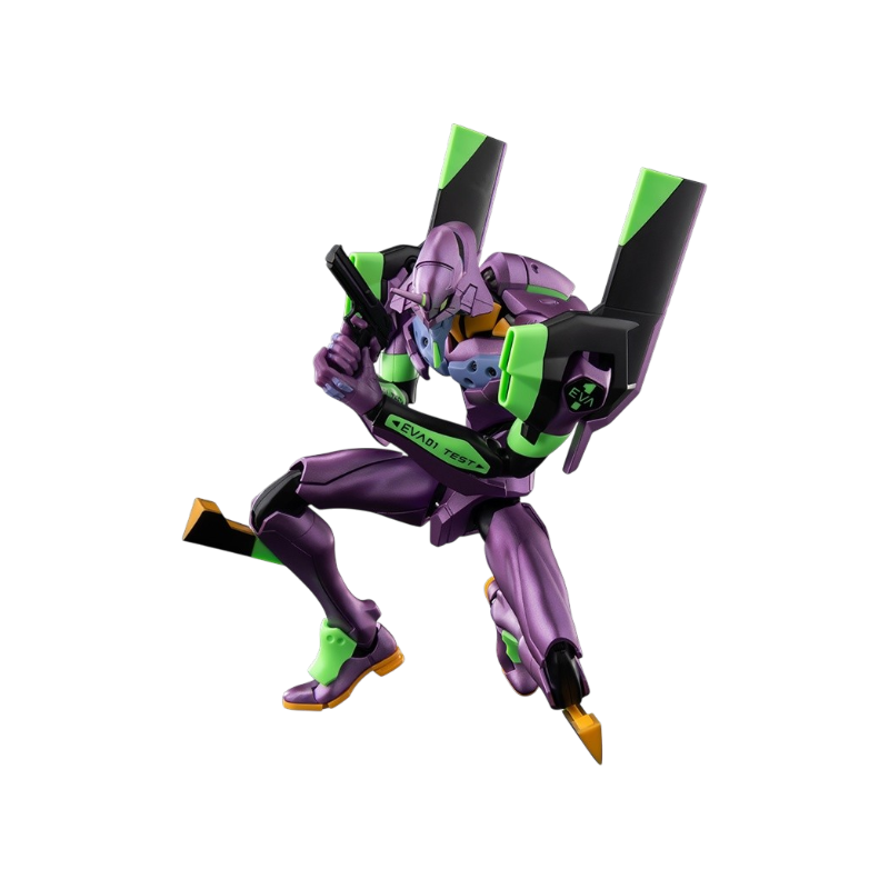 Scatola del model kit 'Evangelion Test Type-01 TV ver. Legend Edition' della marca Blokees su sfondo viola. La confezione mostra la figura assemblata dell'EVA-01 nei colori viola e verde in posa dinamica frontale e sul fianco, affiancata dai loghi Blokees, Evangelion, dall'indicazione '282 pcs' e dalla dicitura 'Legend Edition'.