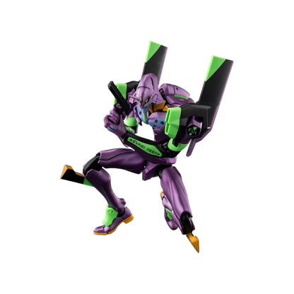 Scatola del model kit 'Evangelion Test Type-01 TV ver. Legend Edition' della marca Blokees su sfondo viola. La confezione mostra la figura assemblata dell'EVA-01 nei colori viola e verde in posa dinamica frontale e sul fianco, affiancata dai loghi Blokees, Evangelion, dall'indicazione '282 pcs' e dalla dicitura 'Legend Edition'.