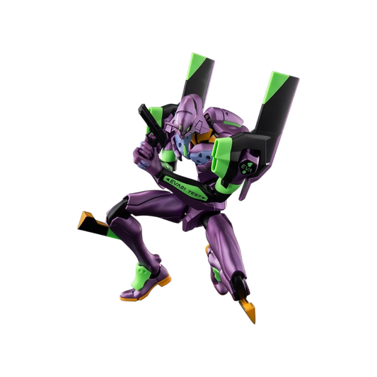 Scatola del model kit 'Evangelion Test Type-01 TV ver. Legend Edition' della marca Blokees su sfondo viola. La confezione mostra la figura assemblata dell'EVA-01 nei colori viola e verde in posa dinamica frontale e sul fianco, affiancata dai loghi Blokees, Evangelion, dall'indicazione '282 pcs' e dalla dicitura 'Legend Edition'.