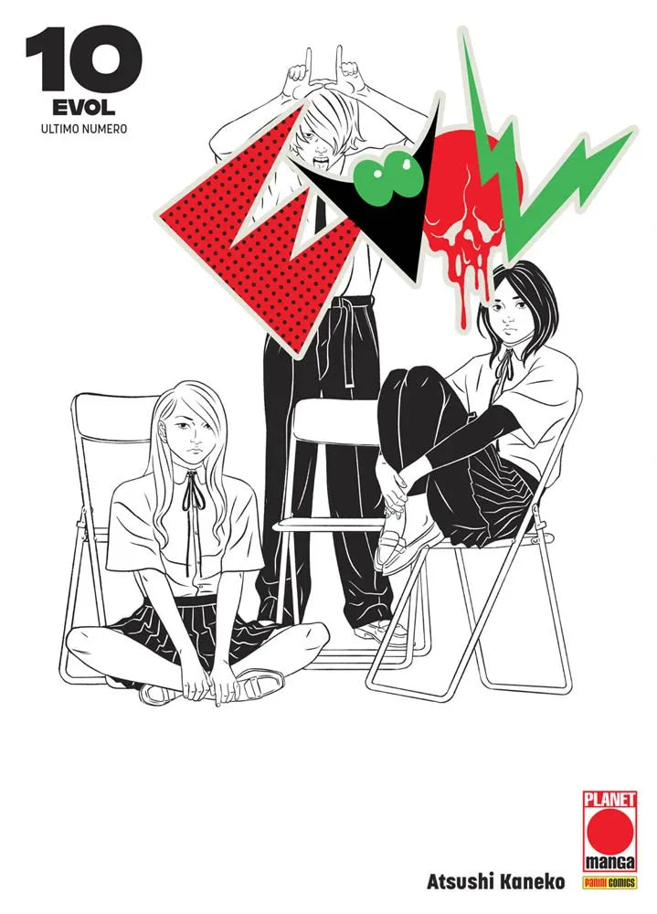 Copertina del manga Evol volume 10. L'illustrazione in stile bianco e nero mostra tre giovani ragazzi. Una ragazza dai capelli chiari è seduta a terra a gambe incrociate, un'altra ragazza con capelli scuri a caschetto è rannicchiata su una sedia pieghevole, mentre un ragazzo in piedi dietro di loro fa il gesto delle corna con le dita sopra la testa facendo la linguaccia. Al centro si staglia il grande logo grafico e stilizzato "EVOL" con texture a pois rossi, elementi verdi e un teschio rosso sanguinante. I