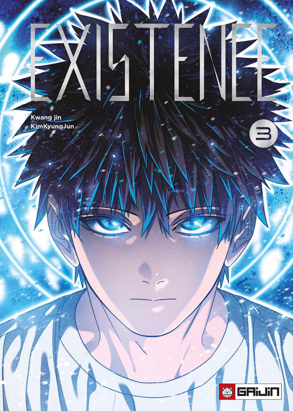 Copertina del terzo volume del manhwa Existence, che mostra il volto in primo piano del protagonista Ja-in con intensi occhi azzurri luminosi e un'aura di energia celeste.