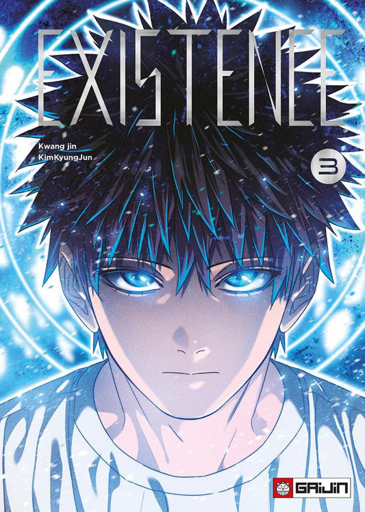 Copertina del terzo volume del manhwa Existence, che mostra il volto in primo piano del protagonista Ja-in con intensi occhi azzurri luminosi e un'aura di energia celeste.