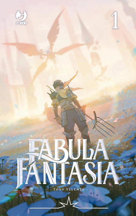 Il protagonista Bard, con un'espressione determinata e un equipaggiamento da viaggio logoro, si staglia contro un mondo fantasy dominato dalle Reliquie sulla copertina di Fabula Fantasia Vol. 1.