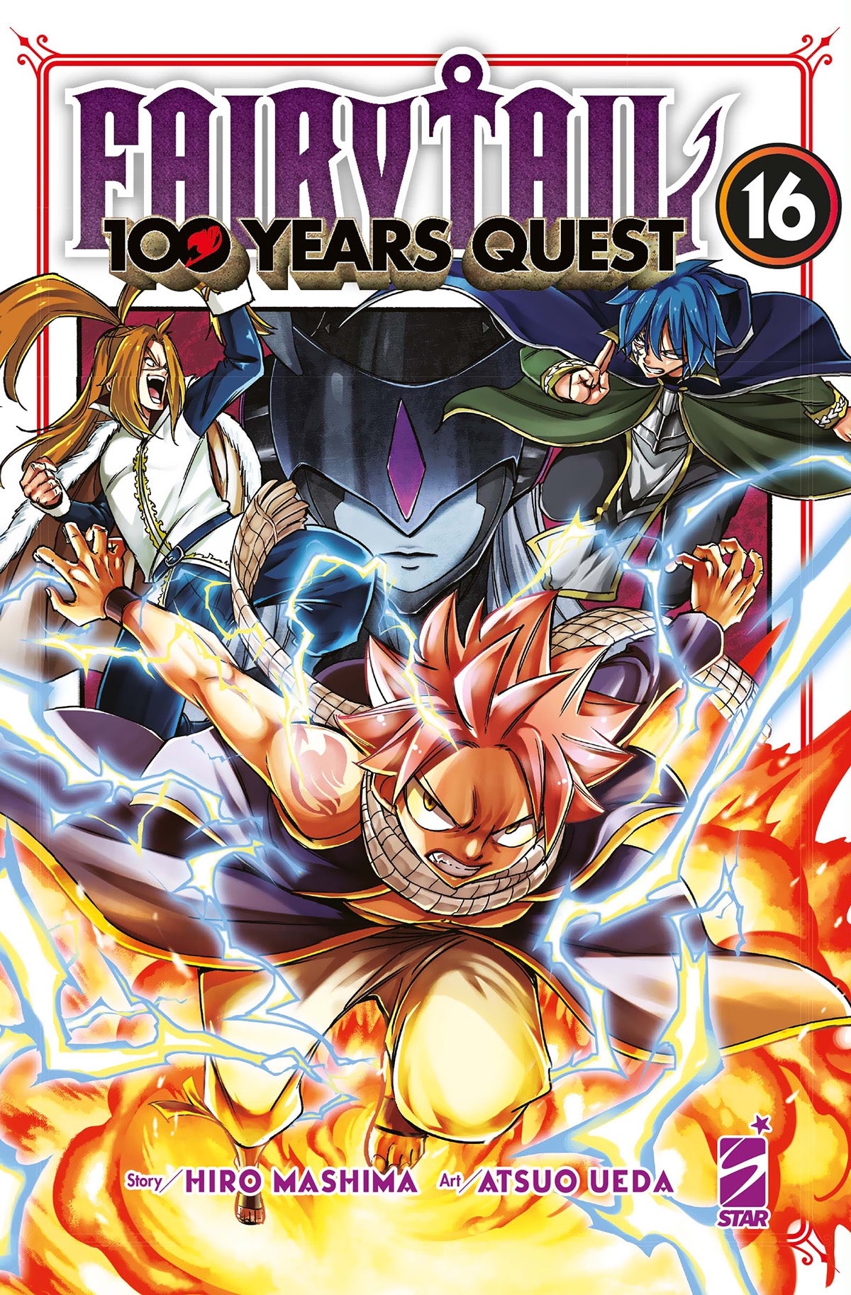 Copertina del sedicesimo volume in italiano del manga 'Fairy Tail 100 Year Quest' di Hiro Mashima e Atsuo Ueda, edito da Star Comics. L'illustrazione ritrae in primo piano Natsu Dragneel circondato da fiamme e scariche elettriche, affiancato alle sue spalle da God Serena a sinistra, Jellal Fernandes a destra e la figura scura di Athena con una gemma viola sulla fronte al centro, sormontati dal titolo FAIRY TAIL 100 YEARS QUEST in viola, dal numero 16 in un cerchio nero in alto a destra, dai nomi degli autor