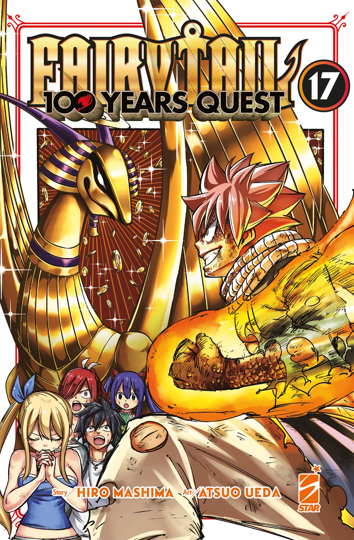 Copertina del diciassettesimo volume in italiano del manga 'Fairy Tail 100 Year Quest' di Hiro Mashima e Atsuo Ueda, edito da Star Comics. L'illustrazione ritrae a destra Natsu Dragneel con il pugno avvolto dalle fiamme pronto a combattere di fronte all'imponente Drago Divino dell'Oro Viernes a sinistra, caratterizzato da un'armatura dorata in stile egizio, con in basso a sinistra Lucy, Gray, Erza e Wendy spaventati, sormontati dal titolo FAIRY TAIL 100 YEARS QUEST in lettere dorate, dal numero 17 in alto a