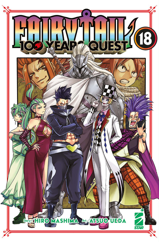 Copertina del diciottesimo volume in italiano del manga 'Fairy Tail 100 Year Quest' di Hiro Mashima e Atsuo Ueda, edito da Star Comics. L'illustrazione ritrae nello sfondo in alto il drago divino Ignia a sinistra, Natsu Dragneel a destra e un cavaliere in armatura al centro, sovrastanti i bizzarri ed eccentrici membri della gilda oscura Fire & Flame disposti in posa in primo piano, sormontati dal titolo FAIRY TAIL 100 YEAR QUEST a lettere sfumate arcobaleno, dal numero 18 in alto a destra, dai nomi degli au