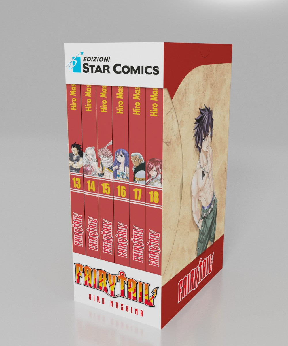 Rendering 3D del terzo cofanetto da collezione del manga 'Fairy Tail' di Hiro Mashima, edito da Star Comics. La box rossa e sabbia racchiude i volumi dal 13 al 18, mostrandone le coste rosse con le miniature dei personaggi (Gajeel, Mirajane, Natsu, Wendy, Laxus, Erza) e i relativi numeri. Sul lato destro del cofanetto figura l'illustrazione a figura intera del mago del ghiaccio Gray Fullbuster a torace nudo, con il logo Fairy Tail in basso e il logo Edizioni Star Comics in alto a sinistra.