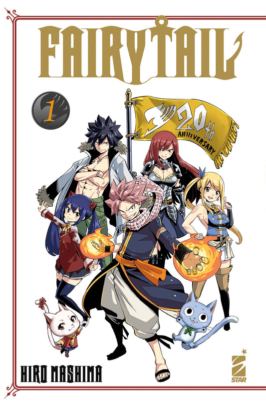Illustrazione celebrativa per il ventesimo anniversario di Fairy Tail su sfondo bianco. Al centro spicca Natsu con il fuoco tra le mani, circondato da Gray, Wendy, Lucy ed Erza, la quale stringe un'asta con una bandiera dorata che riporta la scritta 20th Anniversary. In basso sono presenti anche i gatti Happy e Carla.