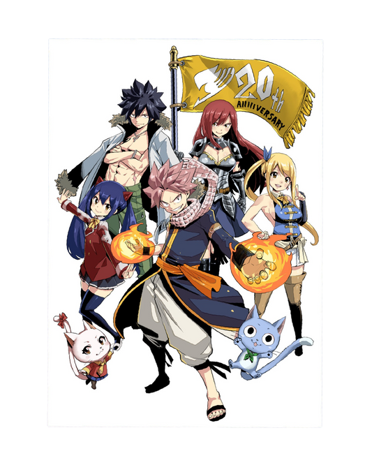 Illustrazione celebrativa per il ventesimo anniversario di Fairy Tail su sfondo bianco. Al centro spicca Natsu con il fuoco tra le mani, circondato da Gray, Wendy, Lucy ed Erza, la quale stringe un'asta con una bandiera dorata che riporta la scritta 20th Anniversary. In basso sono presenti anche i gatti Happy e Carla.