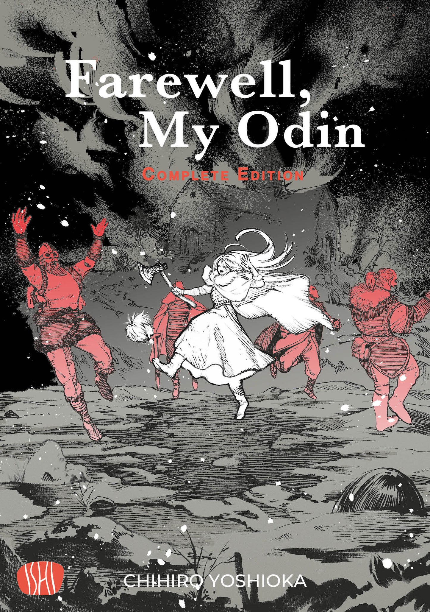Copertina dell'edizione variant del manga Farewell, My Odin Complete Edition, come mostrato nel file farewell-my-odin-variant-ishi-publishing-italiano.jpg. Sotto un cielo tempestoso e nero, una ragazza in abiti bianchi fluttuanti corre stringendo una scure in mano; intorno a lei, diverse figure di guerrieri vichinghi dalle tonalità rosse e arancioni si muovono su un terreno roccioso grigio, mentre sullo sfondo si staglia la sagoma di una chiesa medievale.
