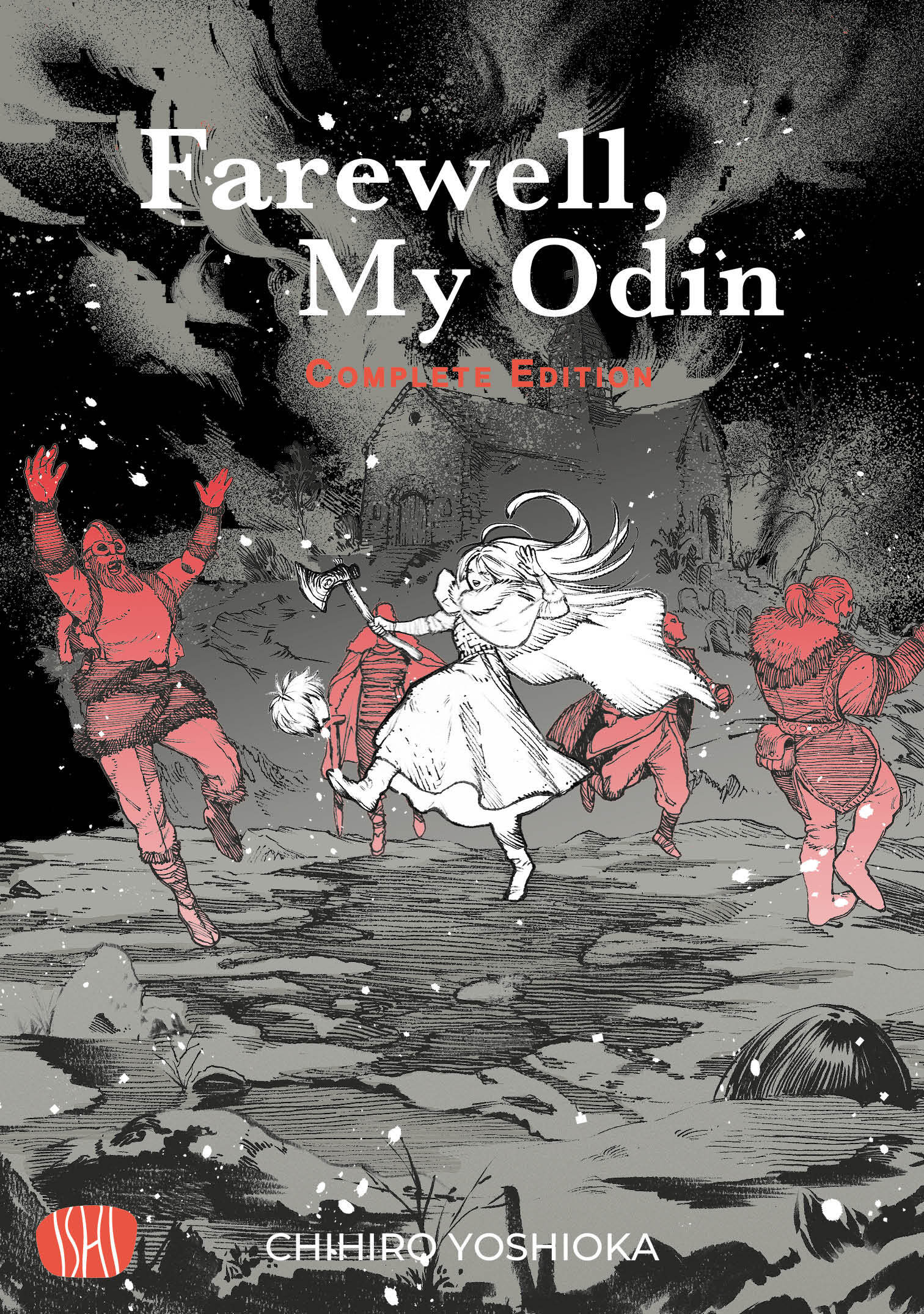 Copertina dell'edizione variant del manga Farewell, My Odin Complete Edition, come mostrato nel file farewell-my-odin-variant-ishi-publishing-italiano.jpg. Sotto un cielo tempestoso e nero, una ragazza in abiti bianchi fluttuanti corre stringendo una scure in mano; intorno a lei, diverse figure di guerrieri vichinghi dalle tonalità rosse e arancioni si muovono su un terreno roccioso grigio, mentre sullo sfondo si staglia la sagoma di una chiesa medievale.