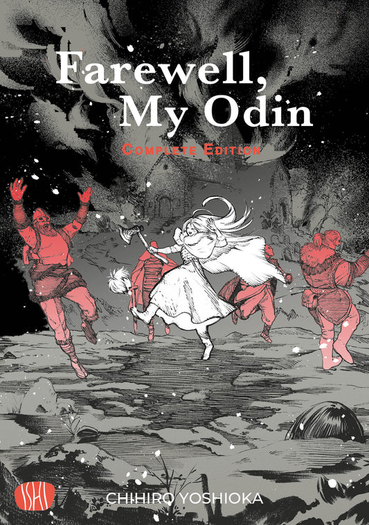 Copertina dell'edizione variant del manga Farewell, My Odin Complete Edition, come mostrato nel file farewell-my-odin-variant-ishi-publishing-italiano.jpg. Sotto un cielo tempestoso e nero, una ragazza in abiti bianchi fluttuanti corre stringendo una scure in mano; intorno a lei, diverse figure di guerrieri vichinghi dalle tonalità rosse e arancioni si muovono su un terreno roccioso grigio, mentre sullo sfondo si staglia la sagoma di una chiesa medievale.