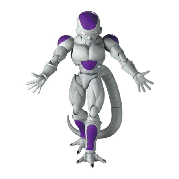 Immagine del model kit assemblato di Frieza (Freezer) nella sua Forma Finale dalla serie Dragon Ball Z, appartenente alla linea Figure-rise Standard, isolato su sfondo bianco. Il personaggio è catturato in una posa dinamica e altera, in equilibrio sulle dita di un solo piede con le braccia spalancate e le mani aperte, mentre la sua lunga e spessa coda curva dinamicamente dietro di sé. Il modello presenta una colorazione accurata: un corpo muscoloso bianco con sfumature grigie.